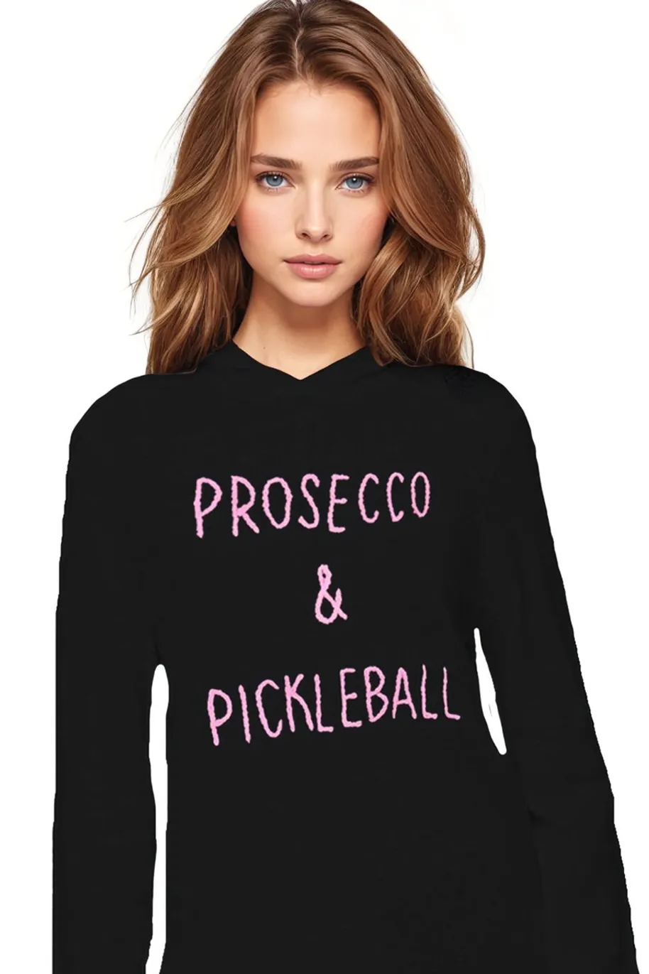 100% Cashmere Hoodie Sweater in Black with Embroidery "Prosecco & Pickleball"