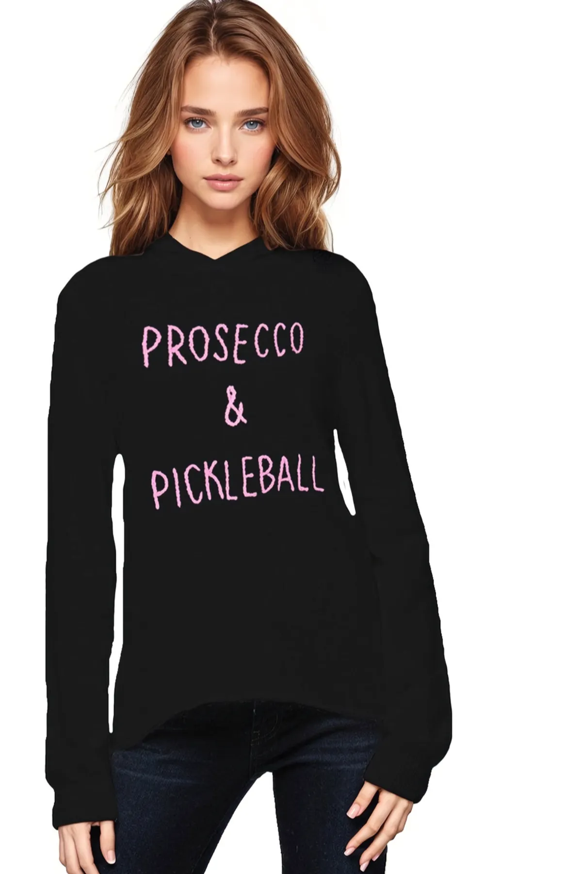 100% Cashmere Hoodie Sweater in Black with Embroidery "Prosecco & Pickleball"