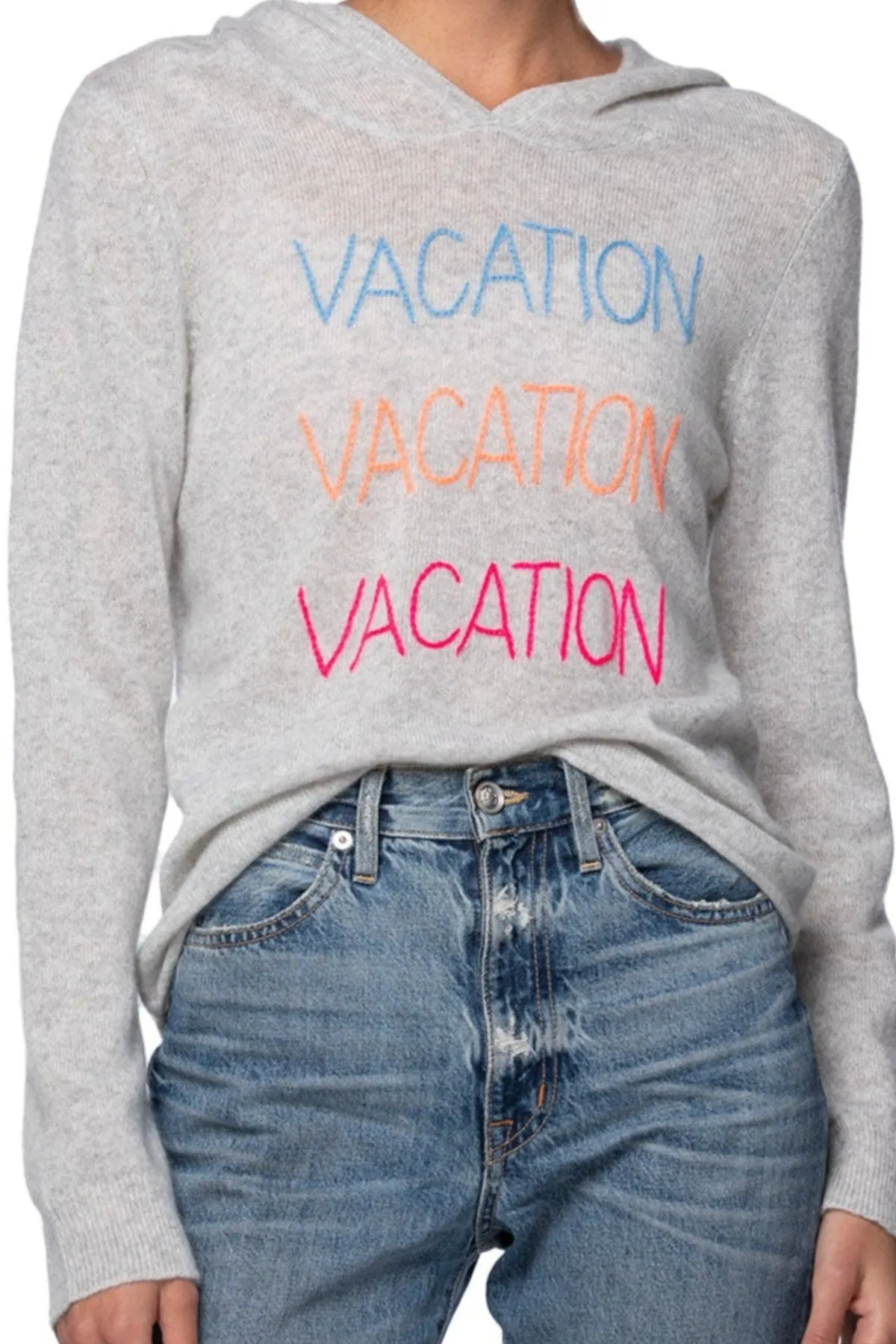 100% Cashmere Hoodie Sweater with Embroidery Stitch "Vacation Vacation Vacation"