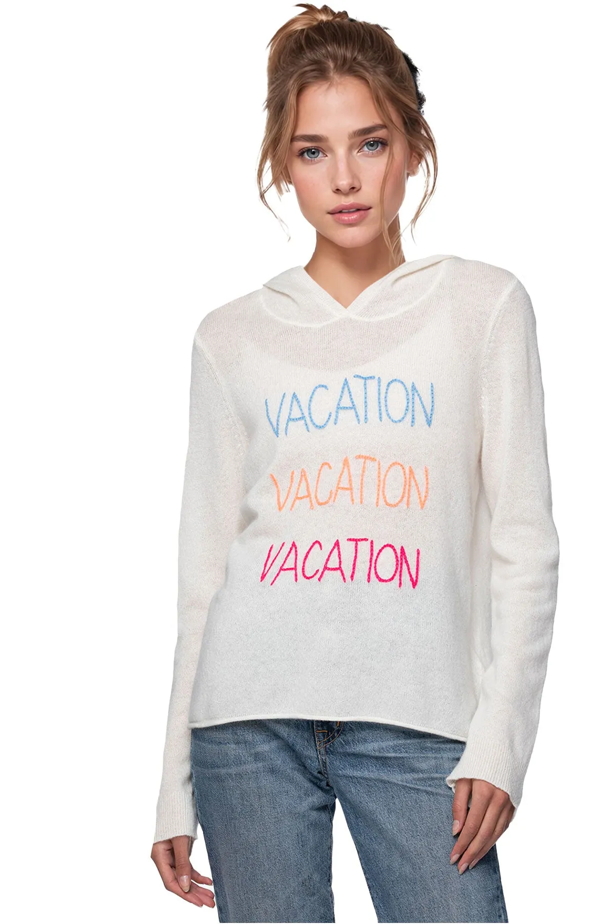 100% Cashmere Hoodie Sweater with Embroidery Stitch "Vacation Vacation Vacation"