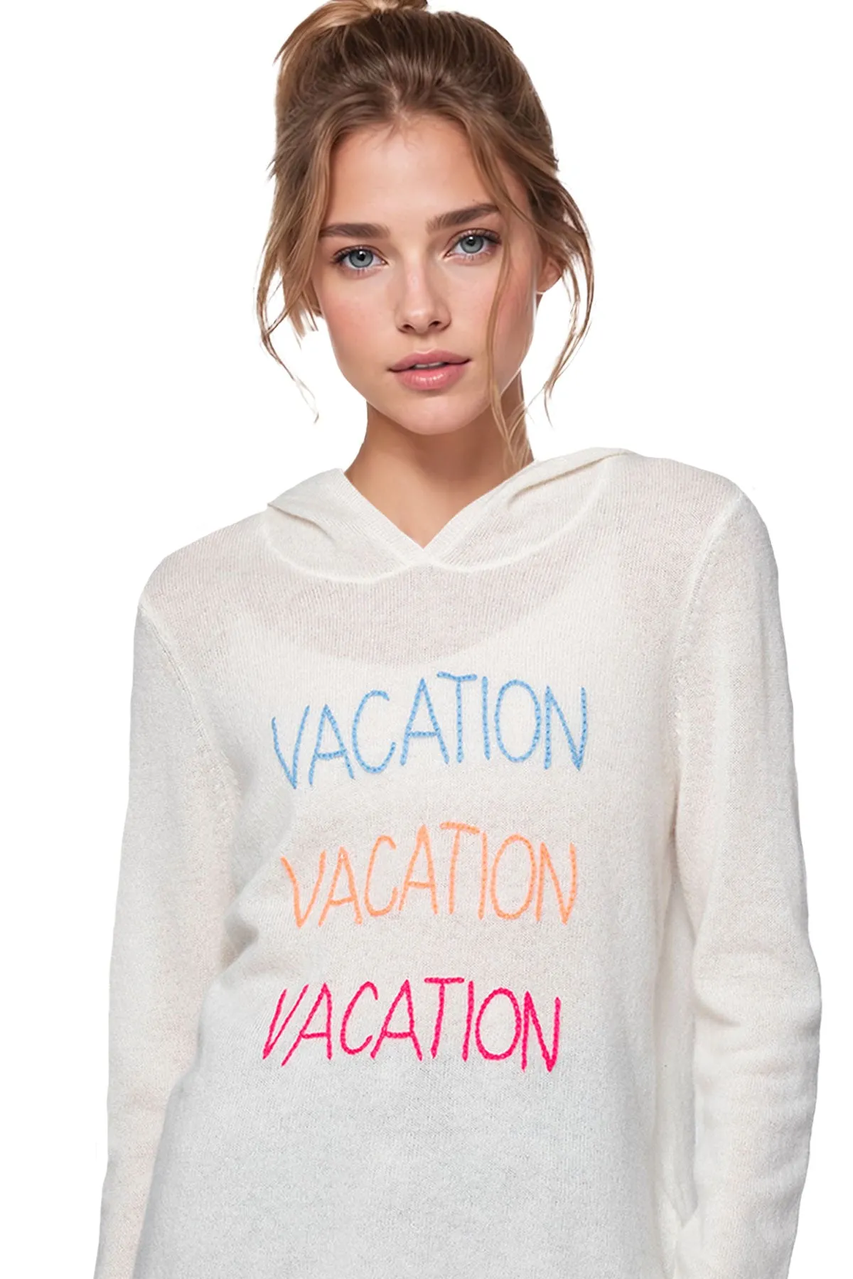 100% Cashmere Hoodie Sweater with Embroidery Stitch "Vacation Vacation Vacation"