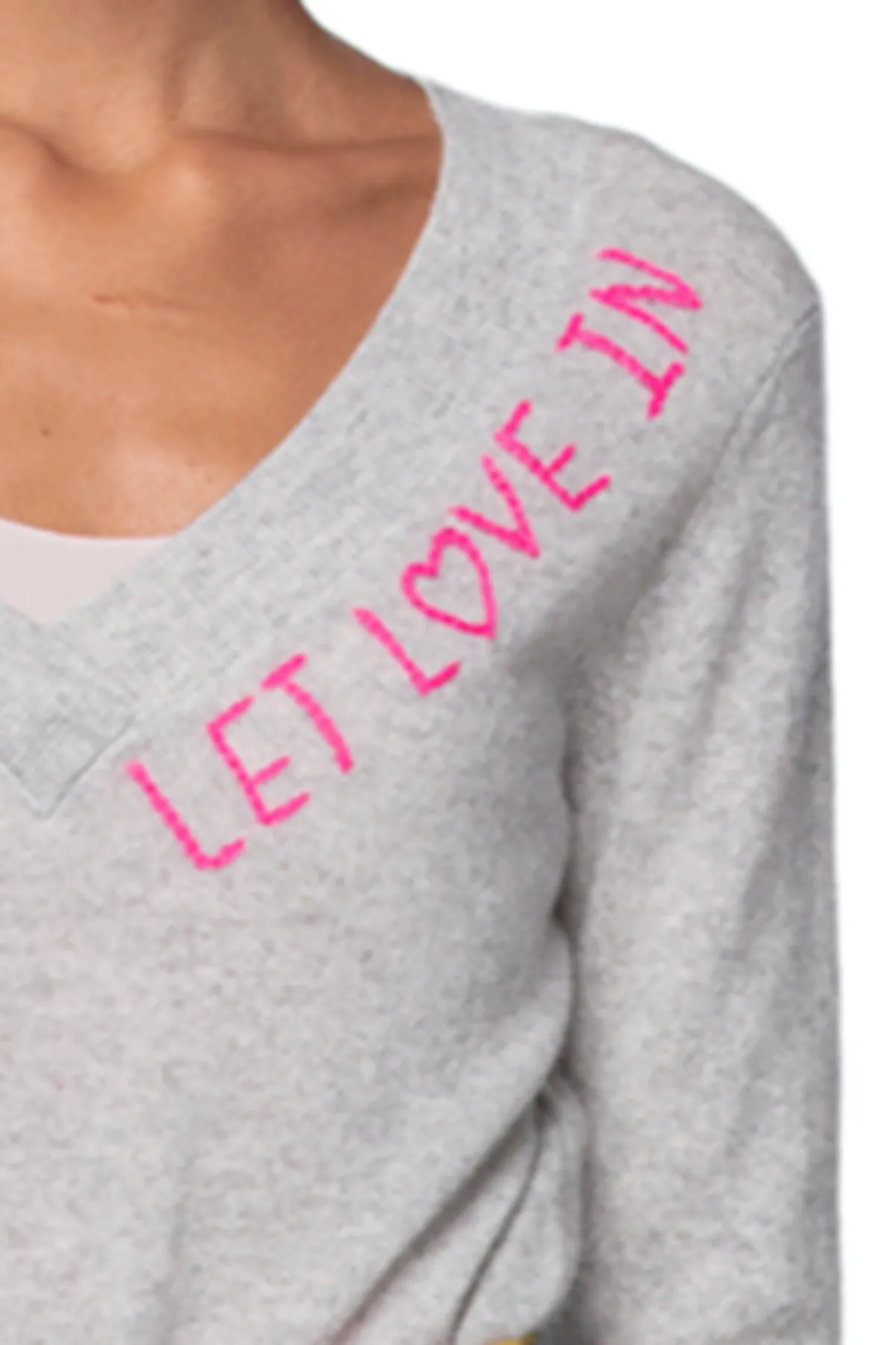 100% Cotton Essential V-Neck Sweater in Lt Grey with Let Love In Embroidery Stitch