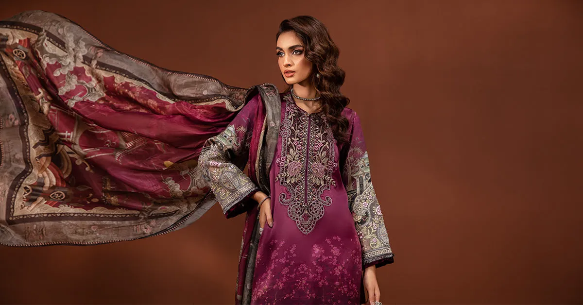 3 Piece Embroidered Pure Charmeuse Silk Suit | MPS-PF24-04