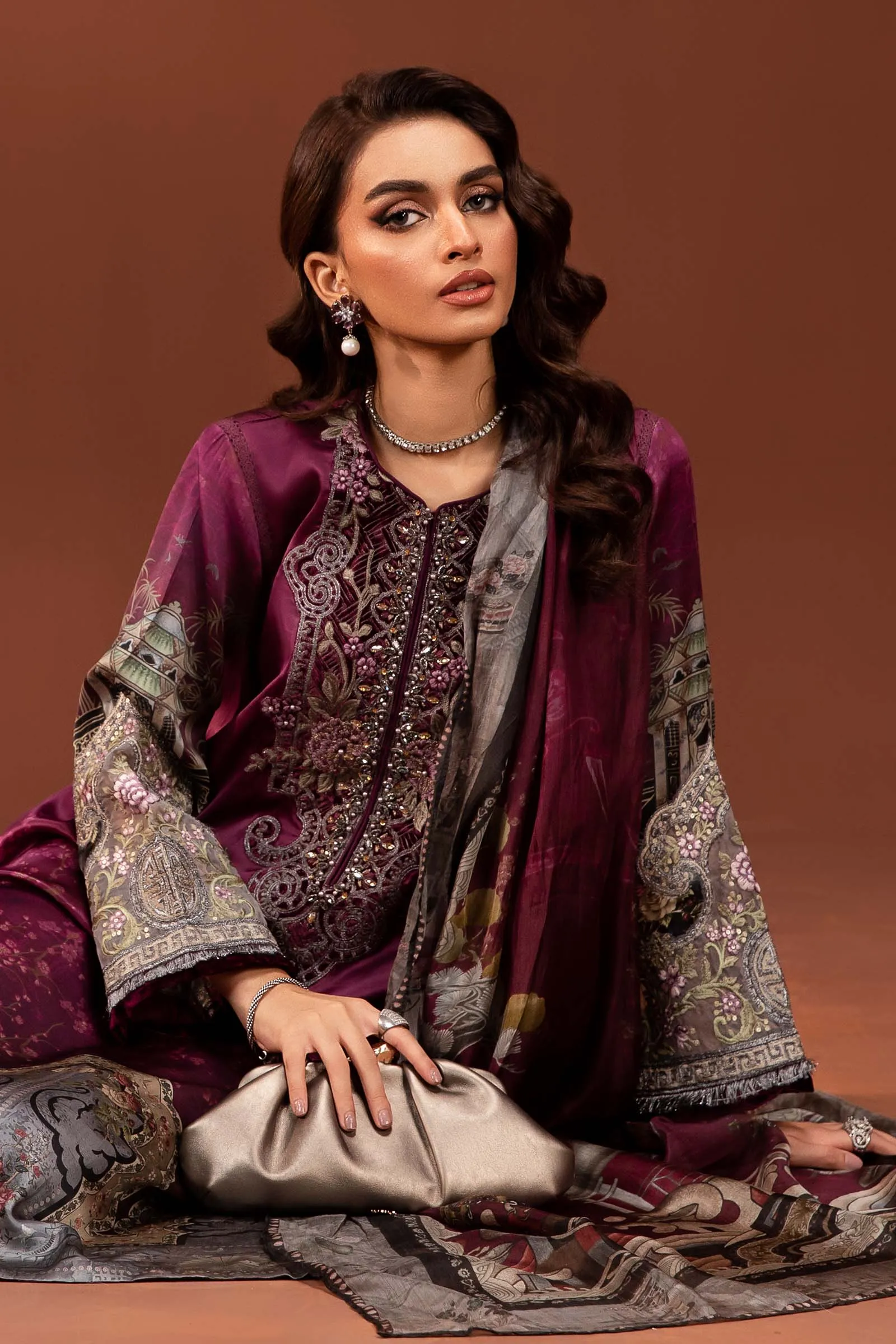 3 Piece Embroidered Pure Charmeuse Silk Suit | MPS-PF24-04