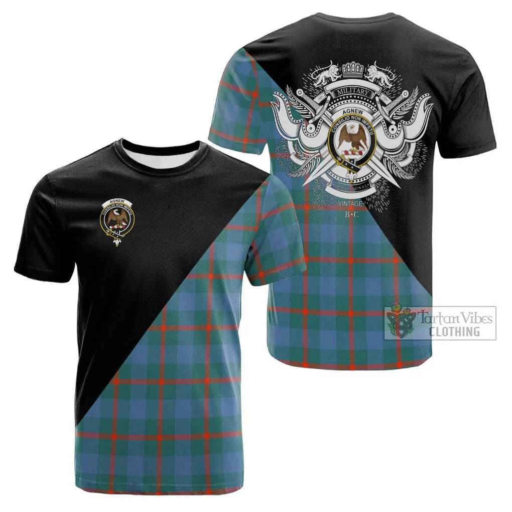 Agnew Ancient Tartan Cotton T-shirt with Family Crest and Military Logo Style