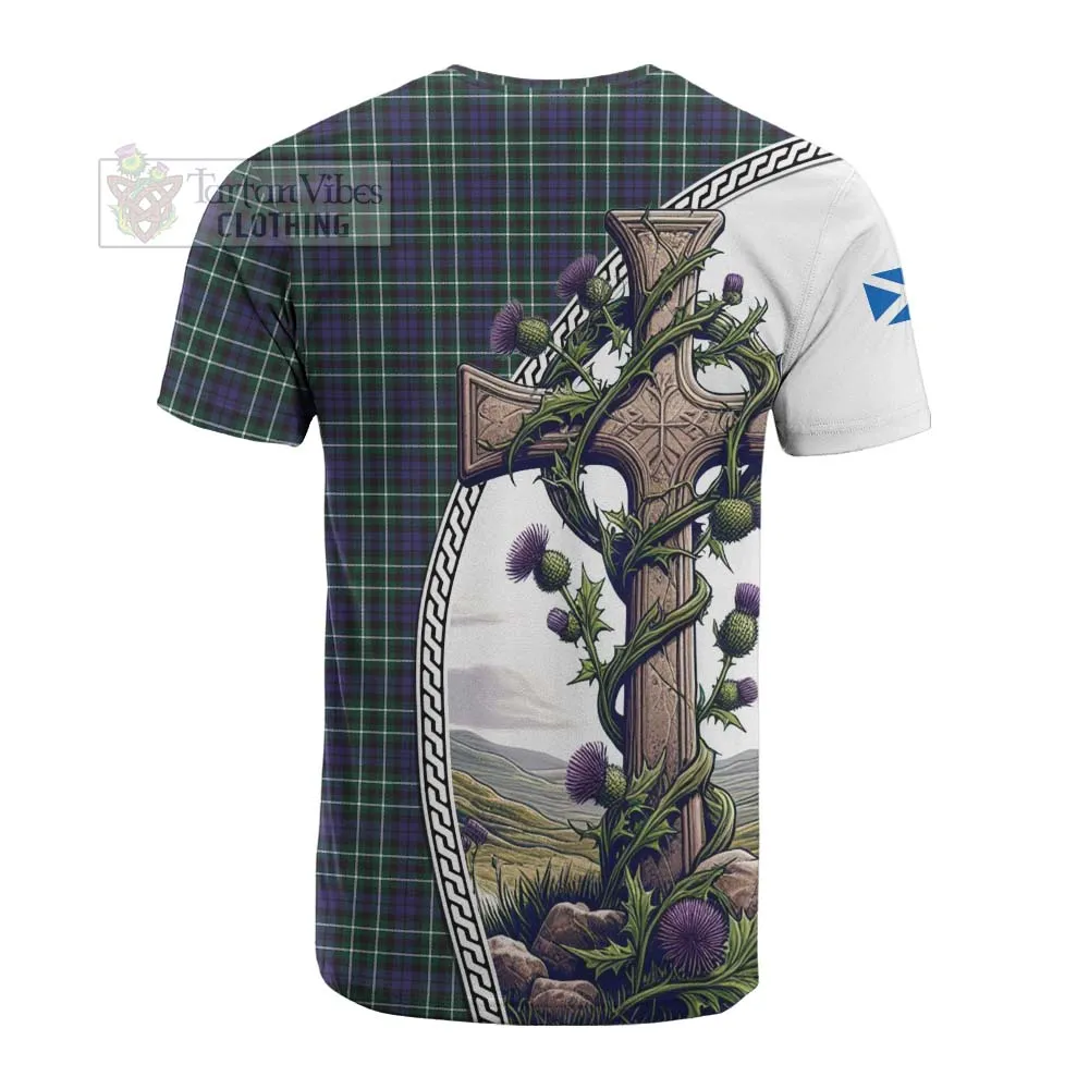 Allardice Tartan Cotton T-shirt with Family Crest and St. Andrew's Cross Accented by Thistle Vines