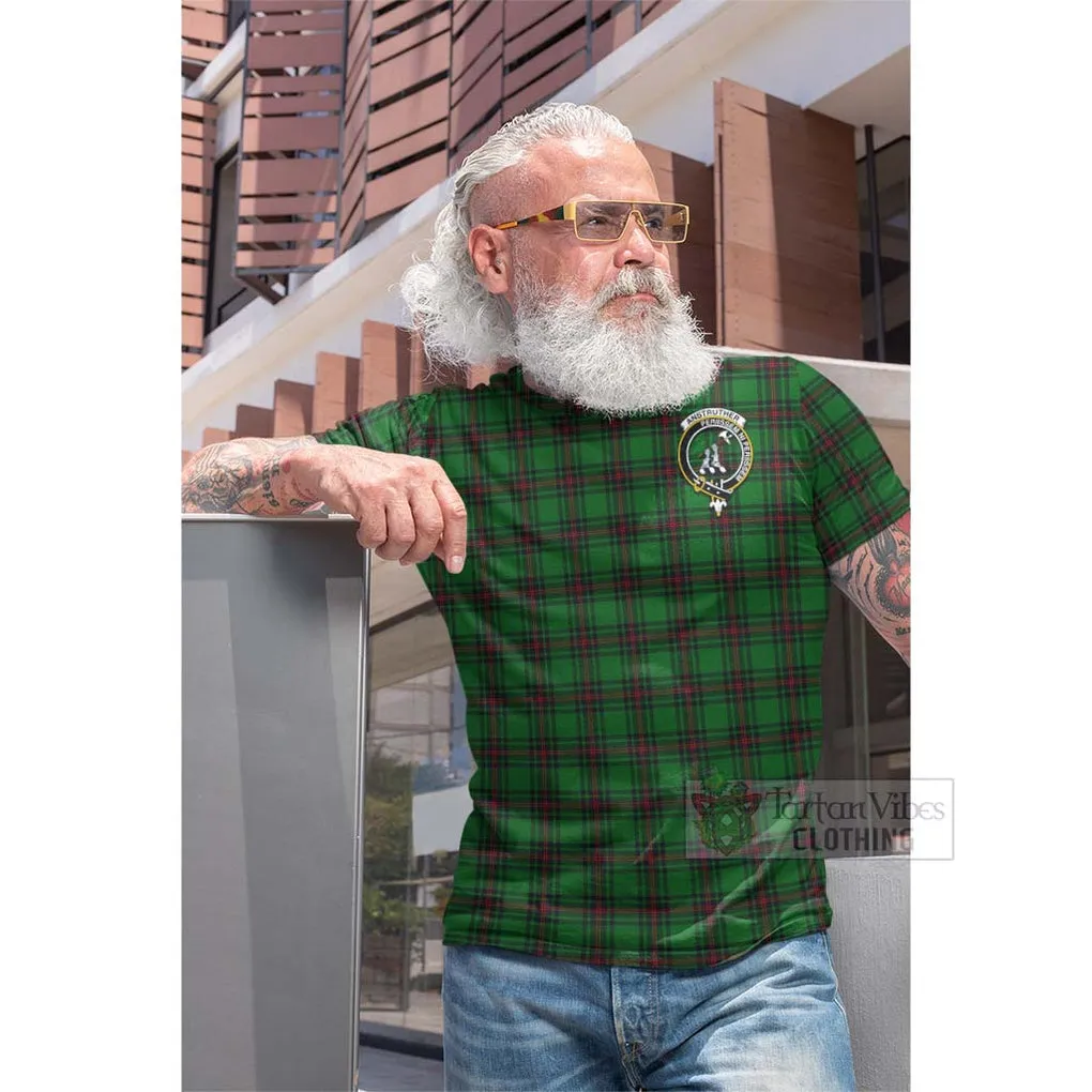 Anstruther Tartan Cotton T-shirt with Family Crest and Bearded Skull Holding Bottles of Whiskey