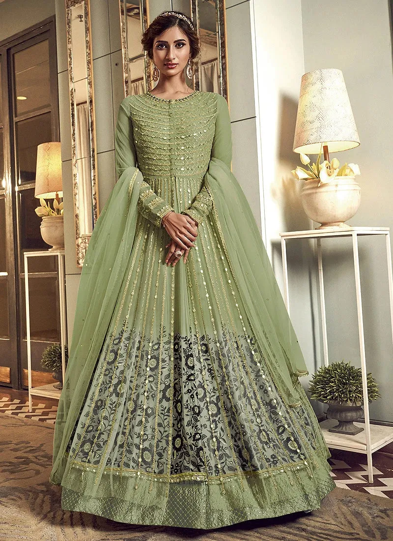 Appealing Green Designer Floor Length Anarkali Suit