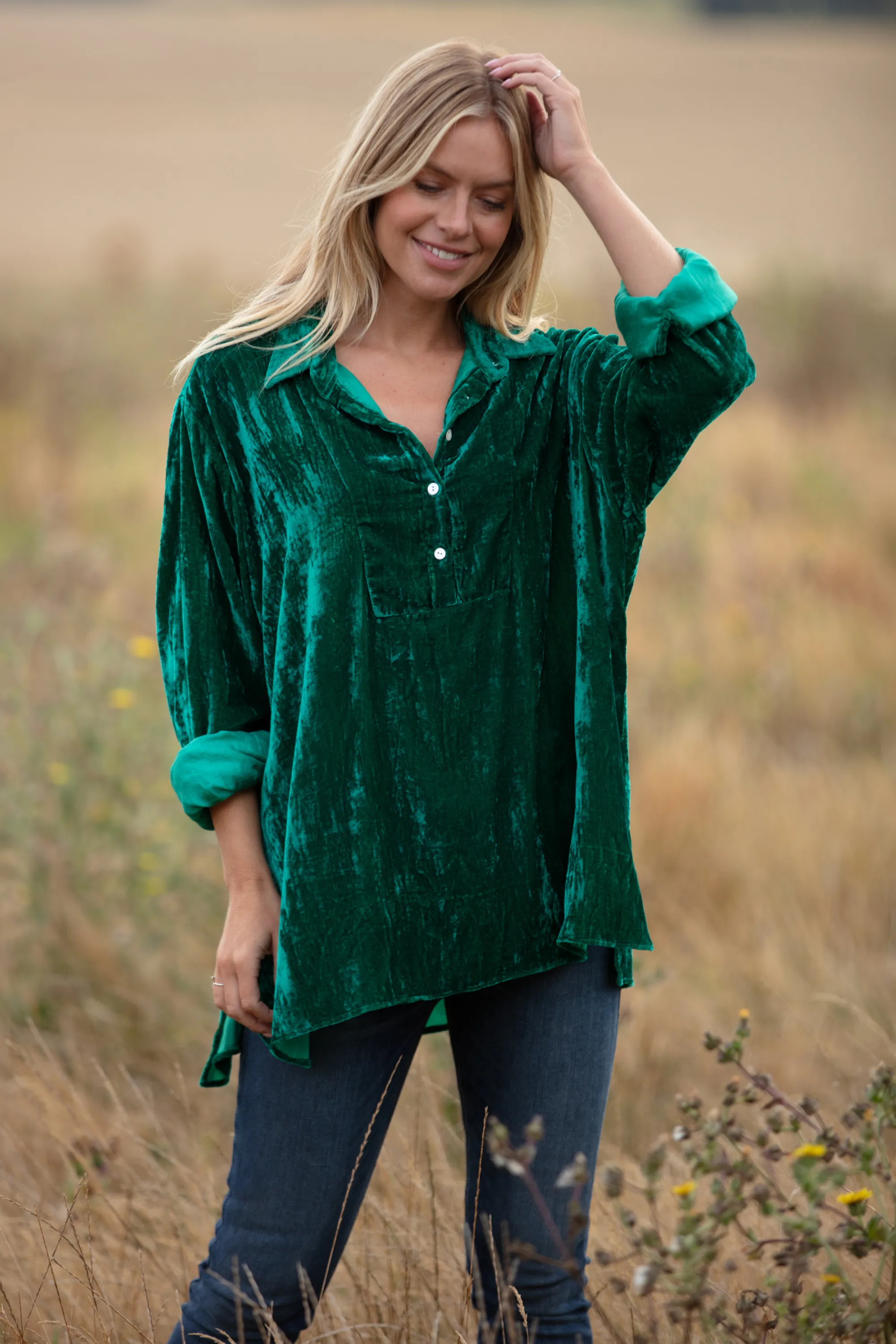 Ava Oversized Silk Velvet Shirt In Emerald Green