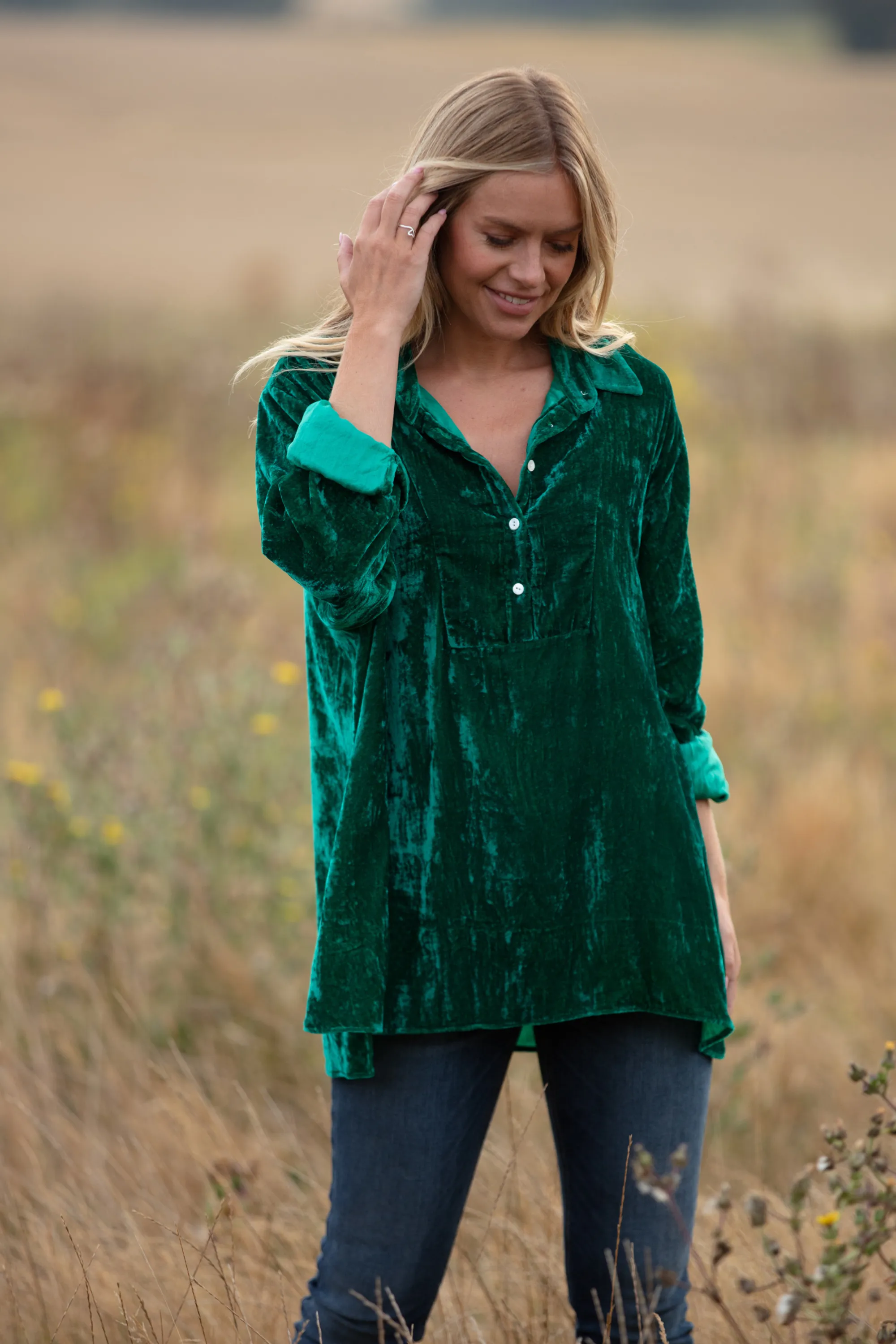 Ava Oversized Silk Velvet Shirt In Emerald Green