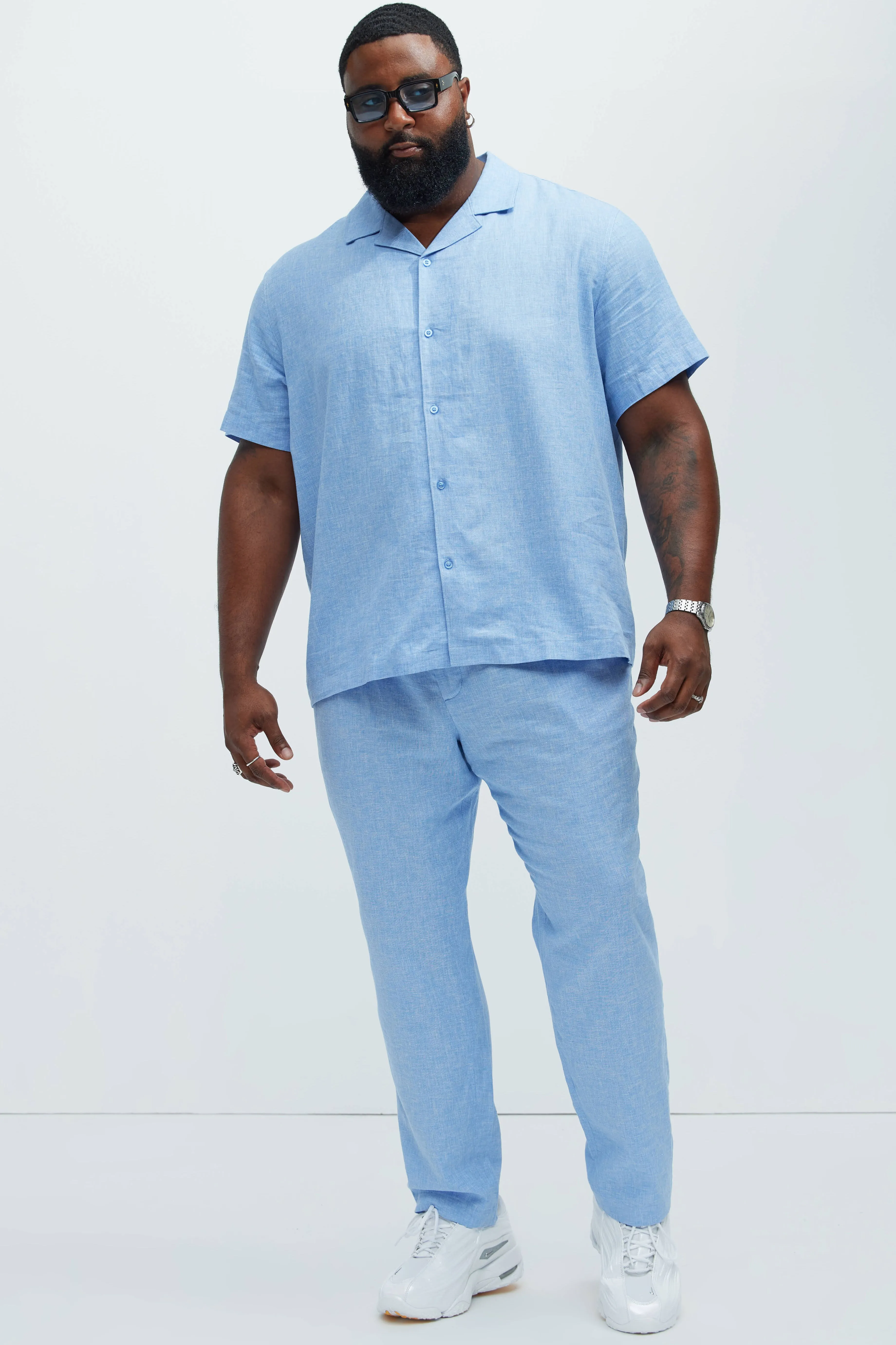 Bahamas Straight Pleated Linen Trousers - IceBlue