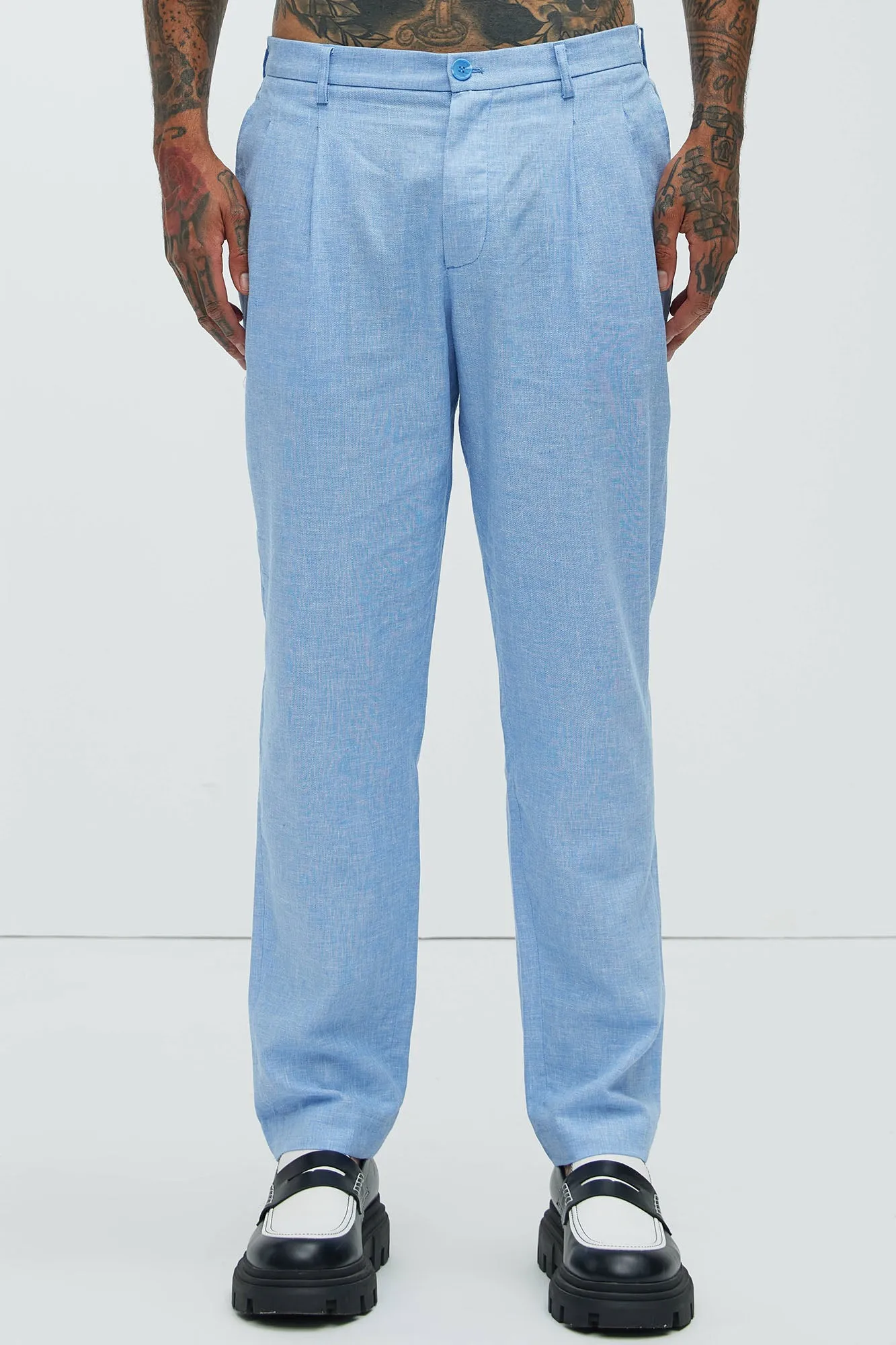 Bahamas Straight Pleated Linen Trousers - IceBlue