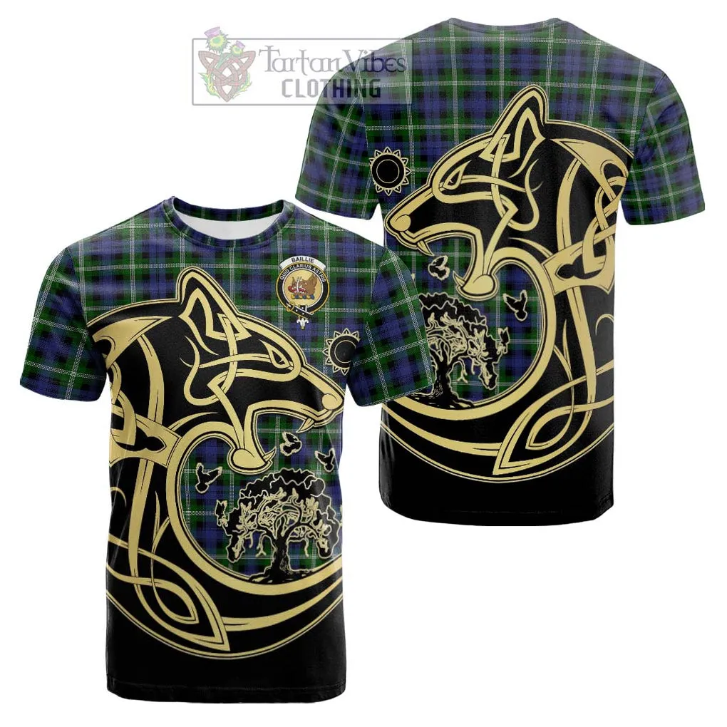 Baillie (Bailey) Tartan Cotton T-shirt with Family Crest Celtic Wolf Style