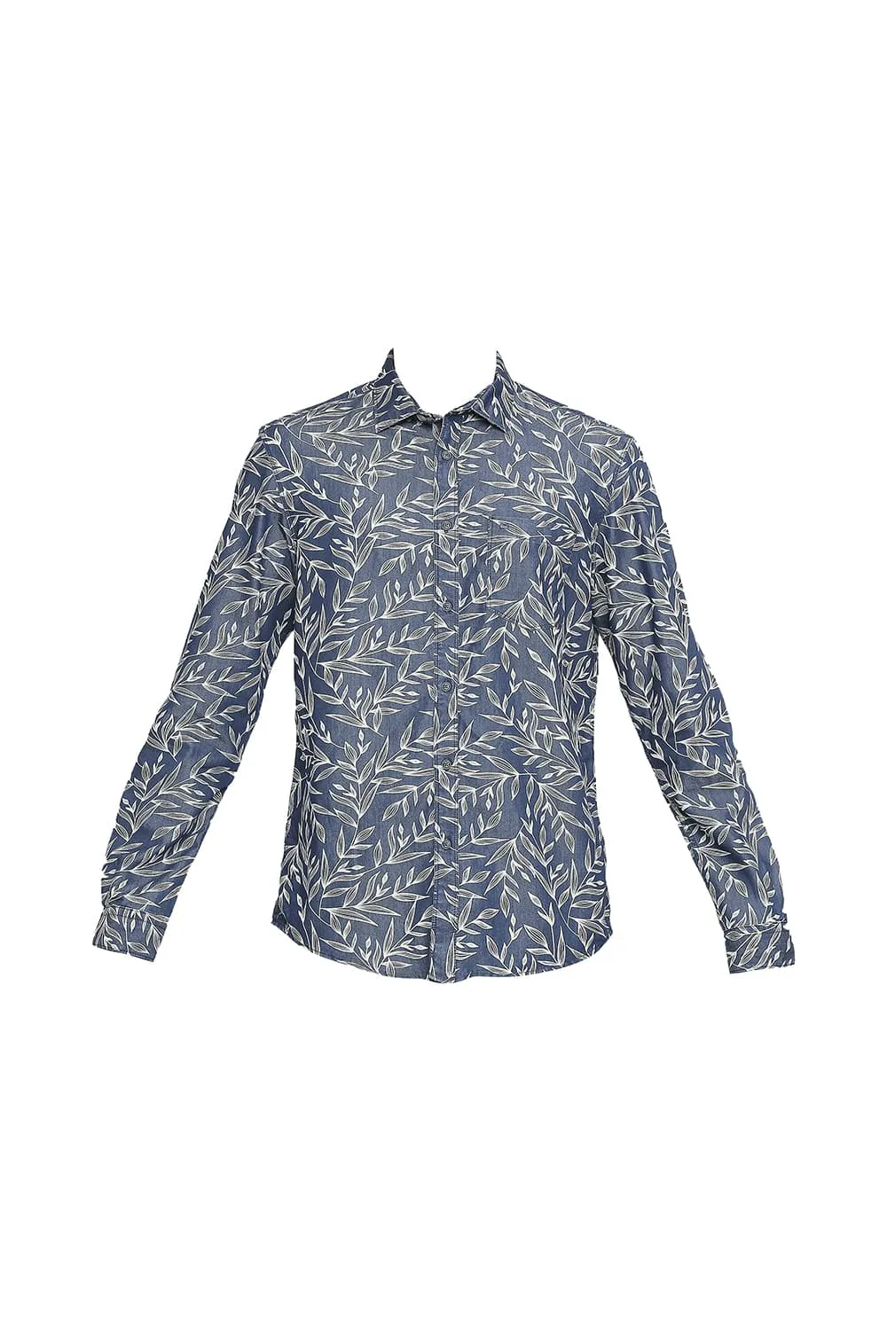 Basics Slim Fit Cotton Polyester Indigo Printed Shirt