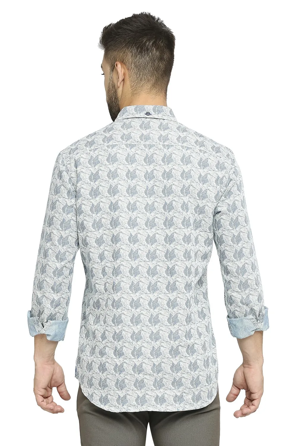 Basics Slim Fit Cotton Polyester Indigo Printed Shirt