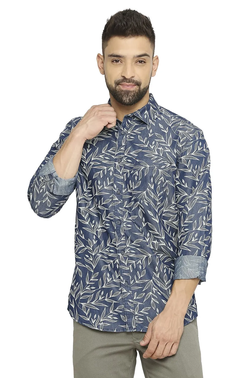 Basics Slim Fit Cotton Polyester Indigo Printed Shirt