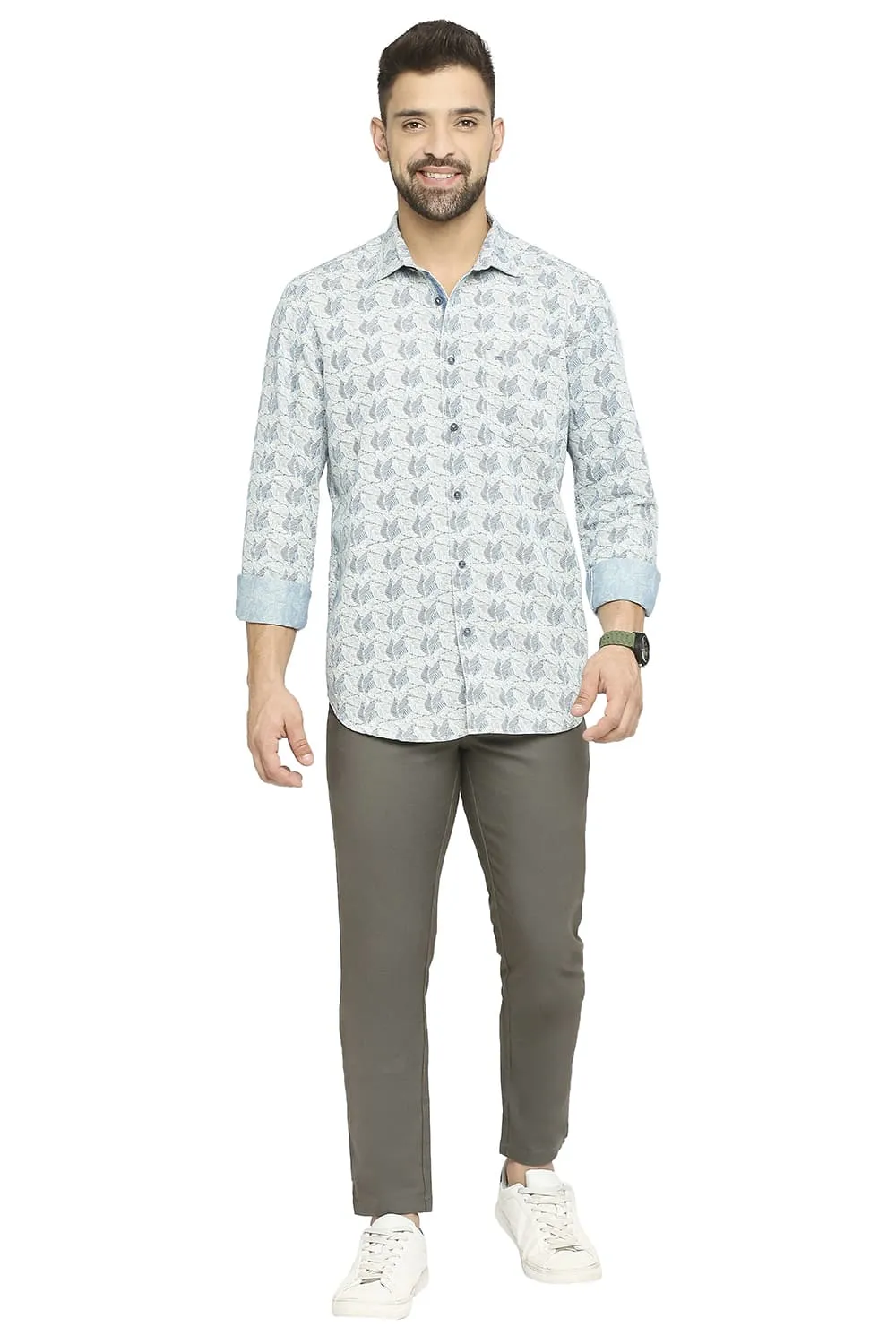 Basics Slim Fit Cotton Polyester Indigo Printed Shirt