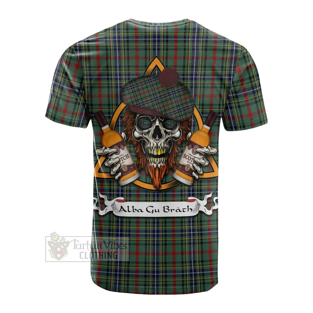 Bisset Tartan Cotton T-shirt with Family Crest and Bearded Skull Holding Bottles of Whiskey