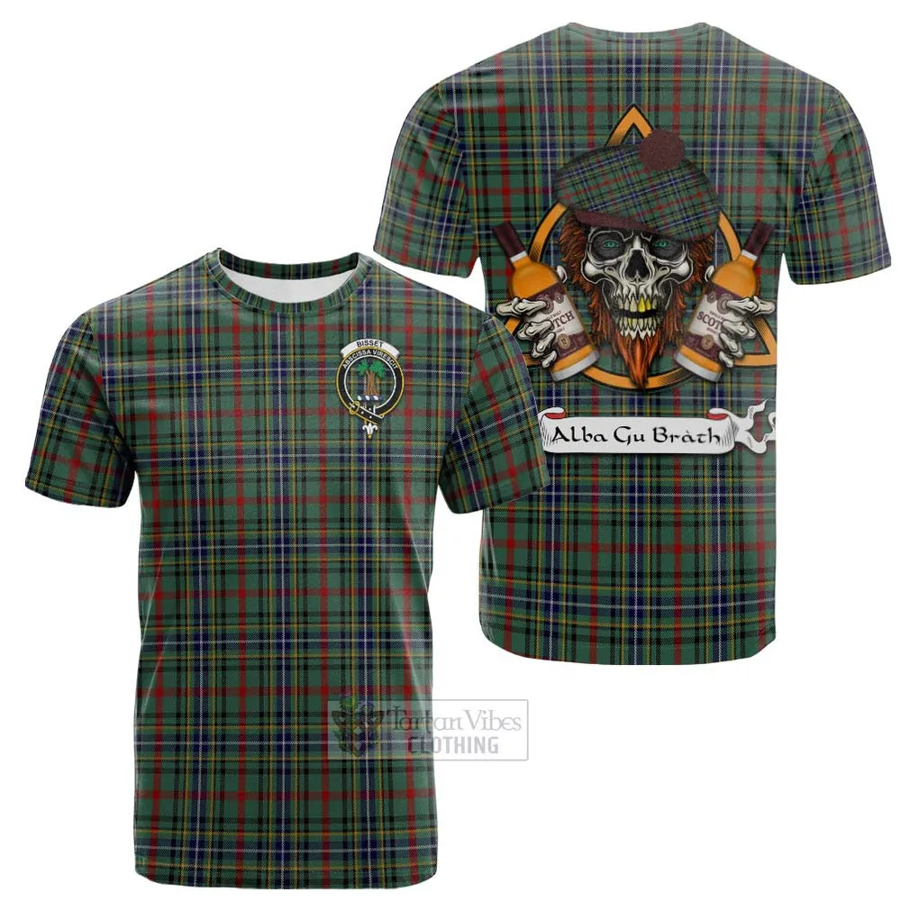 Bisset Tartan Cotton T-shirt with Family Crest and Bearded Skull Holding Bottles of Whiskey