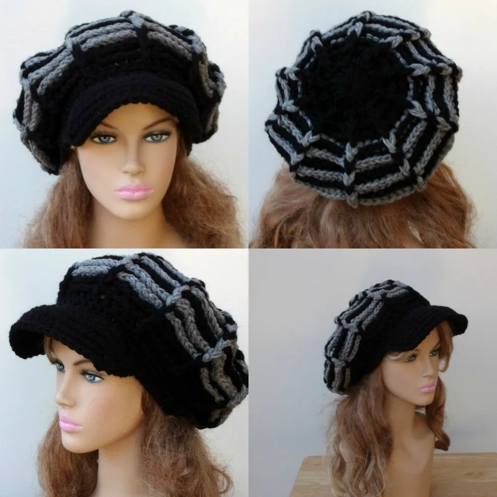 Black gray Visor hat slouchy beanie Newsboy cap crochet handmade