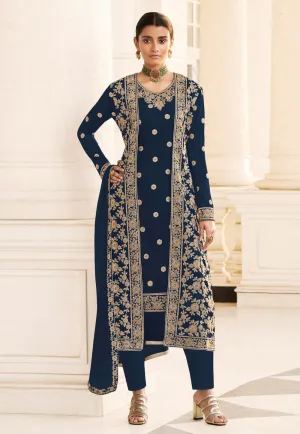 Blue Embroidered Jacket Style Pant Suit