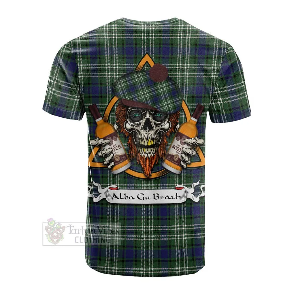 Blyth Tartan Cotton T-shirt with Family Crest and Bearded Skull Holding Bottles of Whiskey