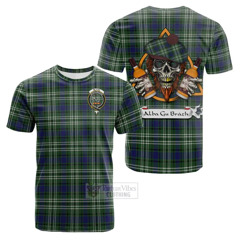 Blyth Tartan Cotton T-shirt with Family Crest and Bearded Skull Holding Bottles of Whiskey