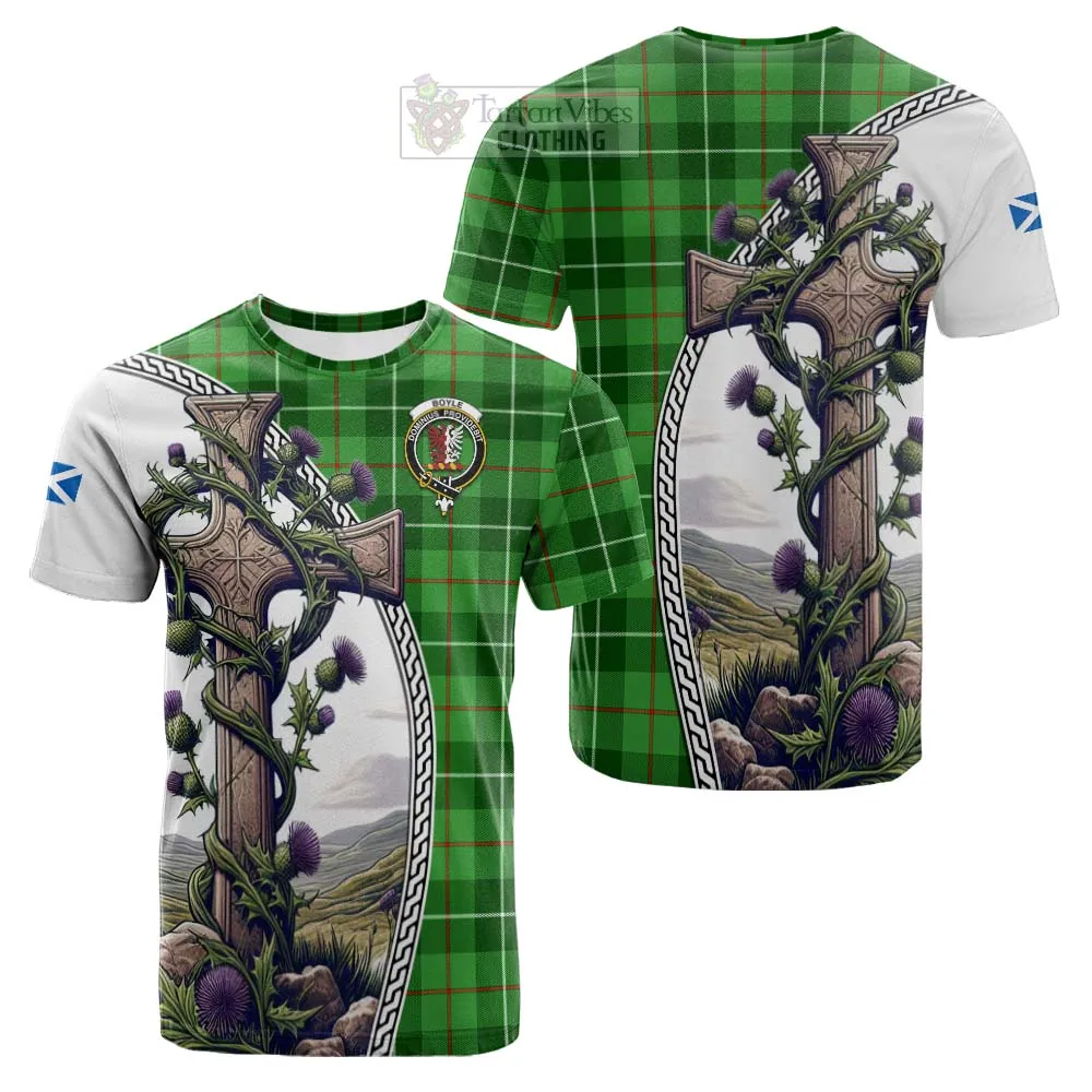 Boyle Tartan Cotton T-shirt with Family Crest and St. Andrew's Cross Accented by Thistle Vines