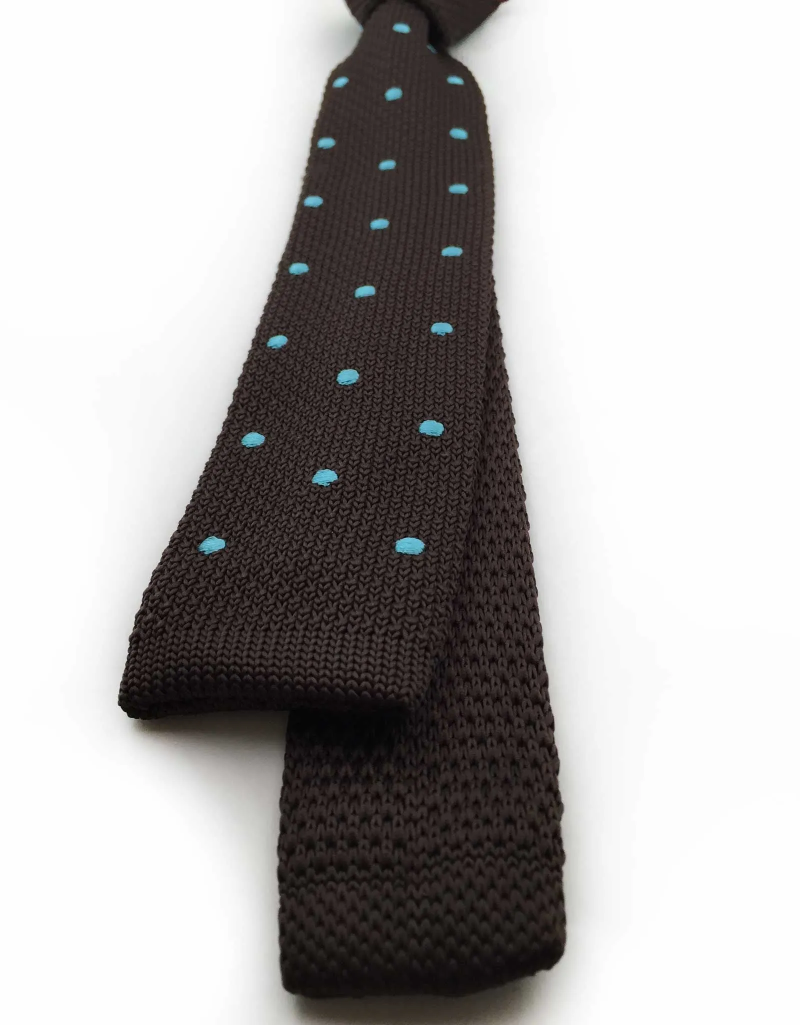 Brown Knitted Tie with Blue Polka Dots