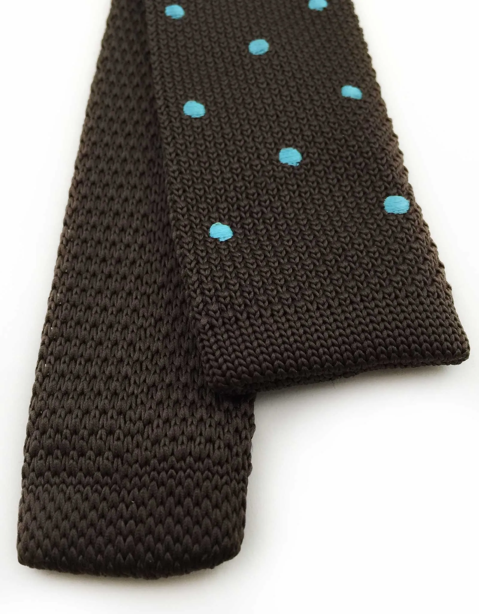 Brown Knitted Tie with Blue Polka Dots