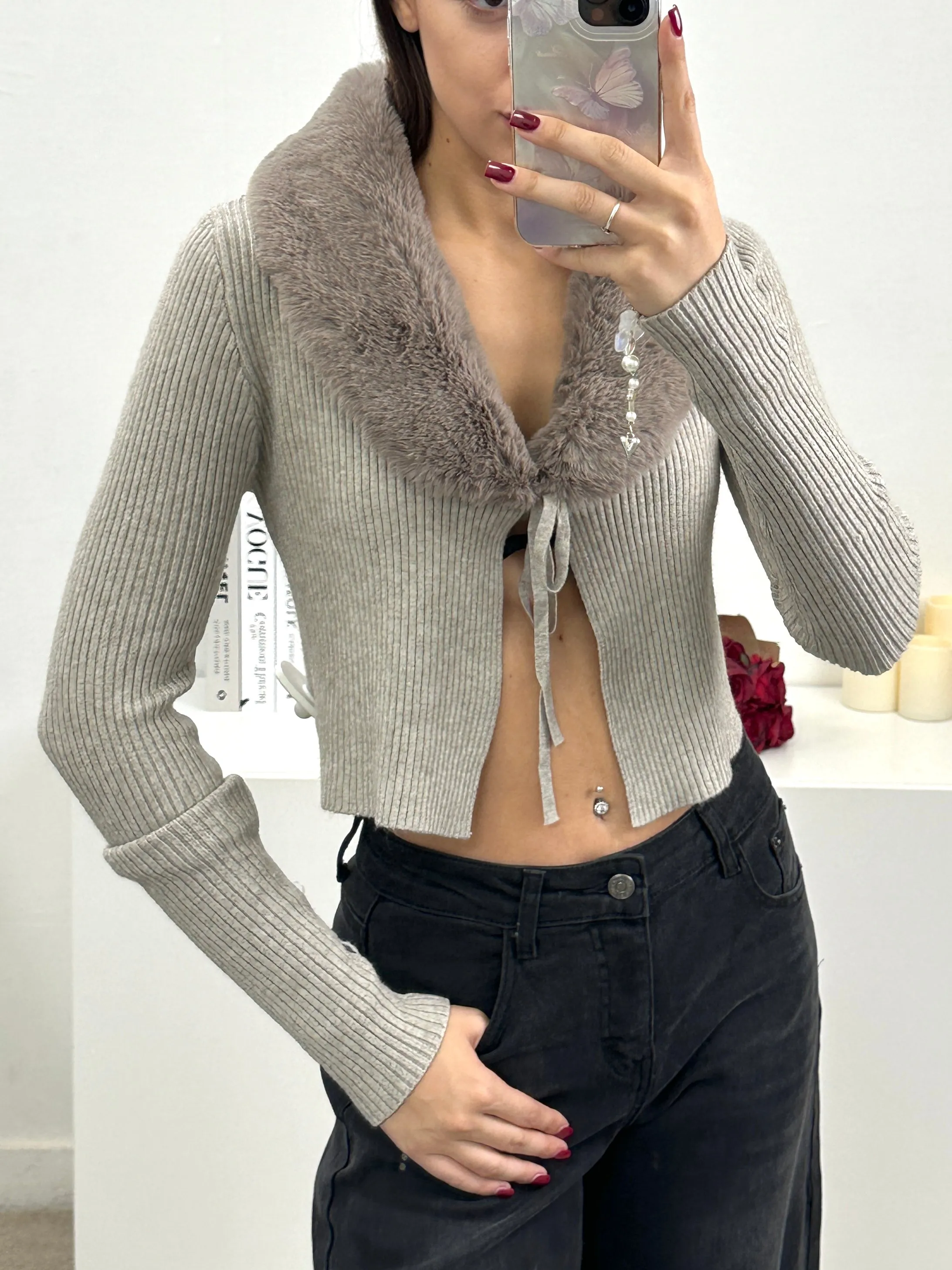 Cardigan con collo in pelliccia