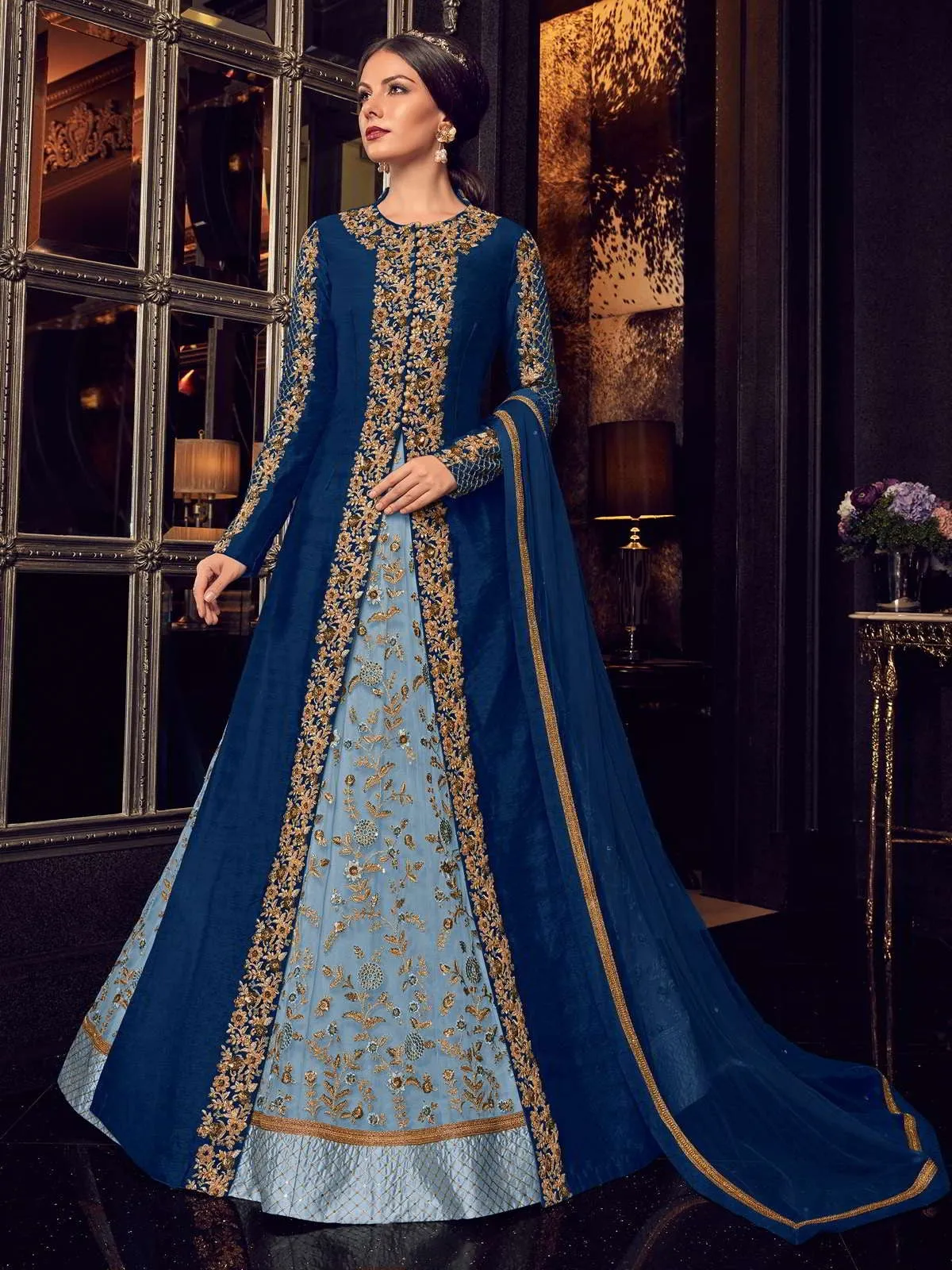 Dark Blue In Dual Tone Traditional Embroidered Anarkali Suit