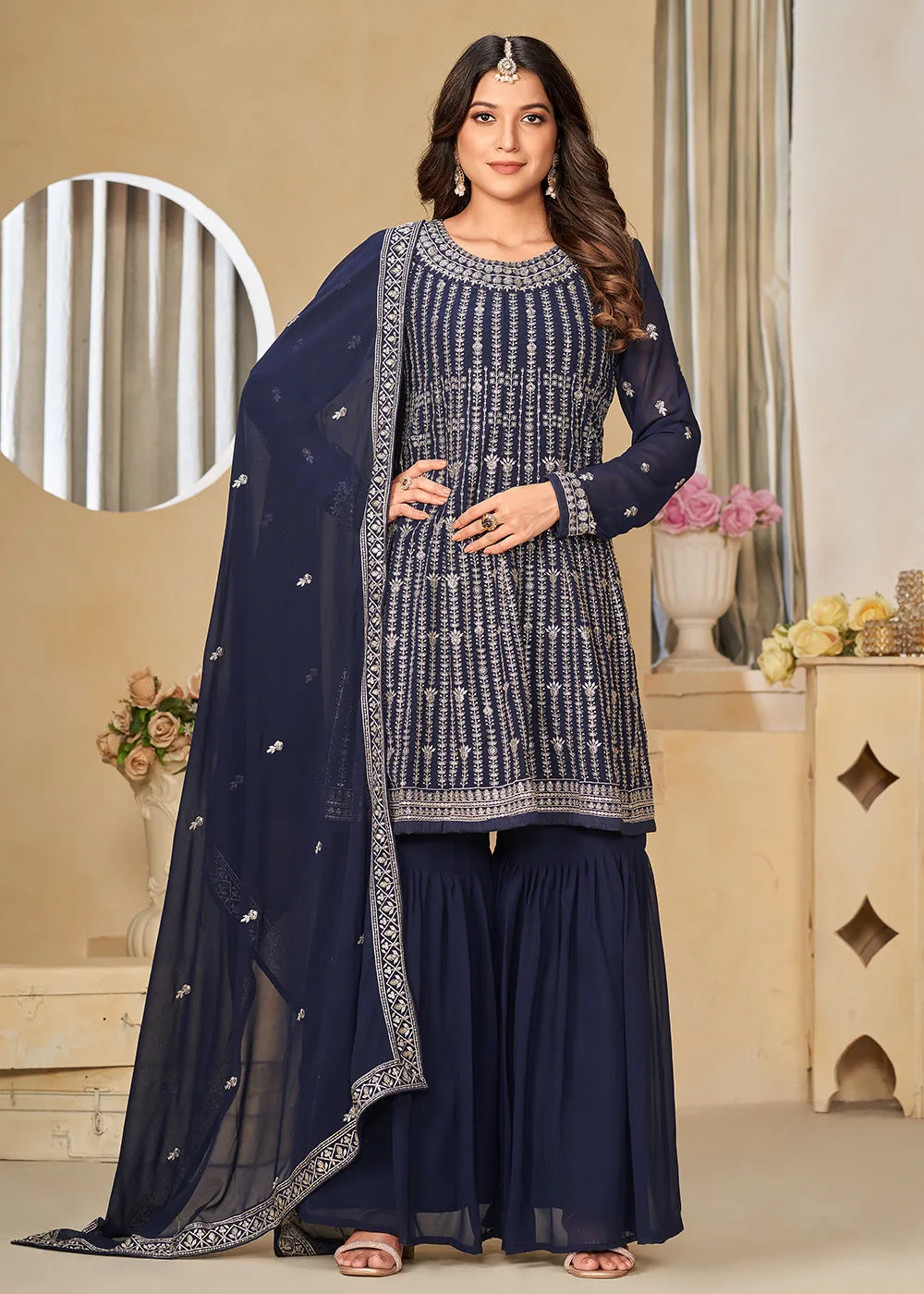 Faux Georgette Blue Embroidered Gharara Style Suit