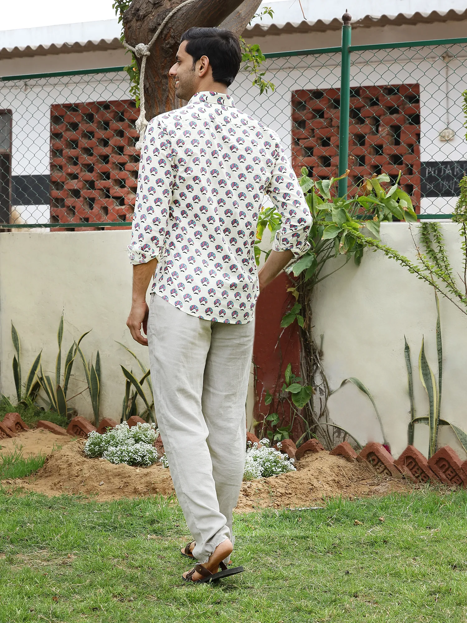 Full Sleeve White Hand Block Turban Printed Men's Cotton Shirt