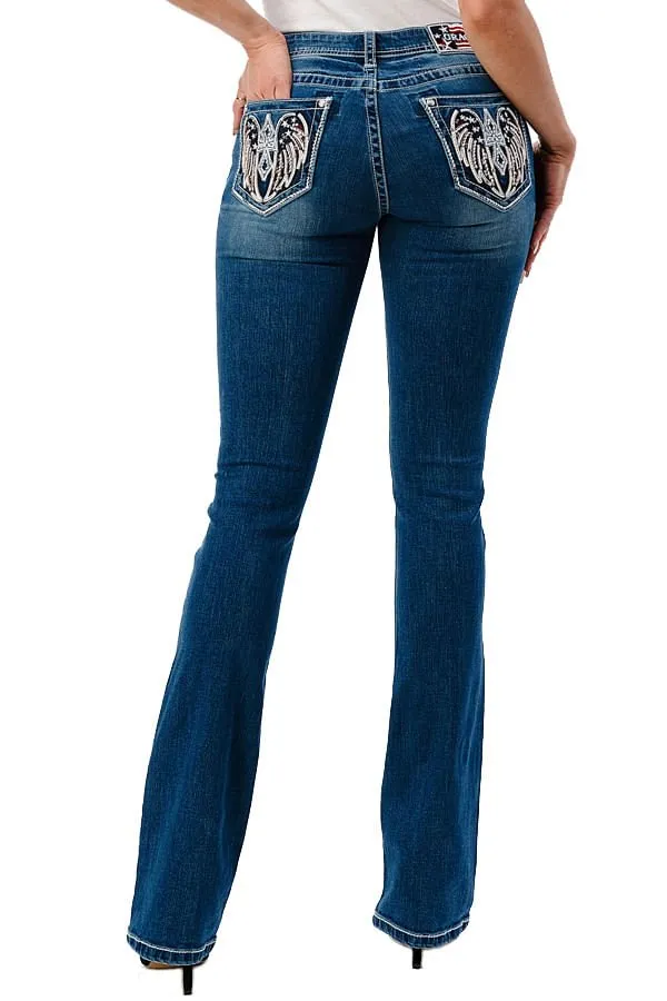 Grace in LA Americana Wing Embellished Mid Rise Bootcut Jeans