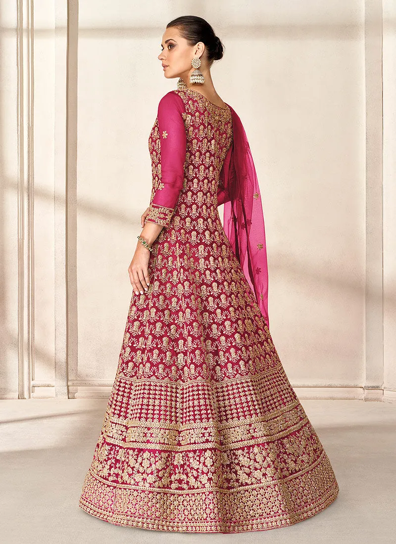 Hot Pink Embroidered Jacket Style Anarkali Suit