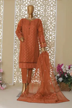 Hz Stitched 3 Piece Emb Organza Collection'2023-HZK-109-Rust