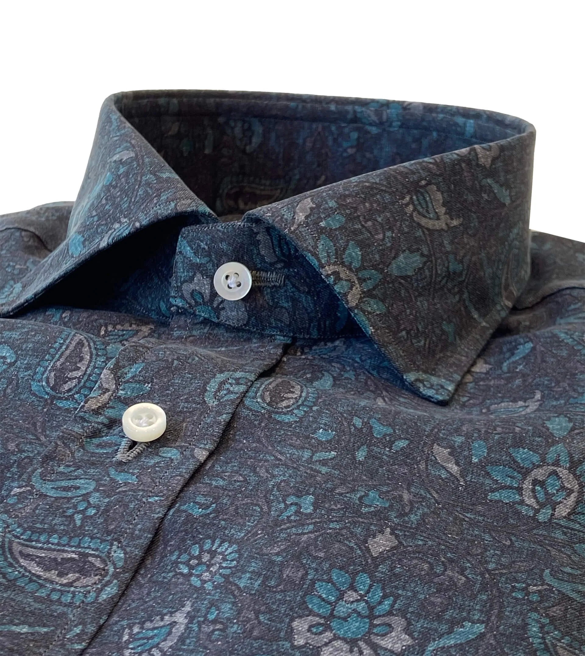 ISAIA Silk Charcoal/Turquoise Floral Print Shirt