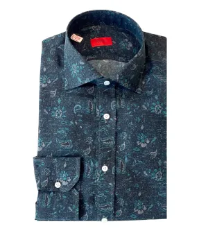 ISAIA Silk Charcoal/Turquoise Floral Print Shirt