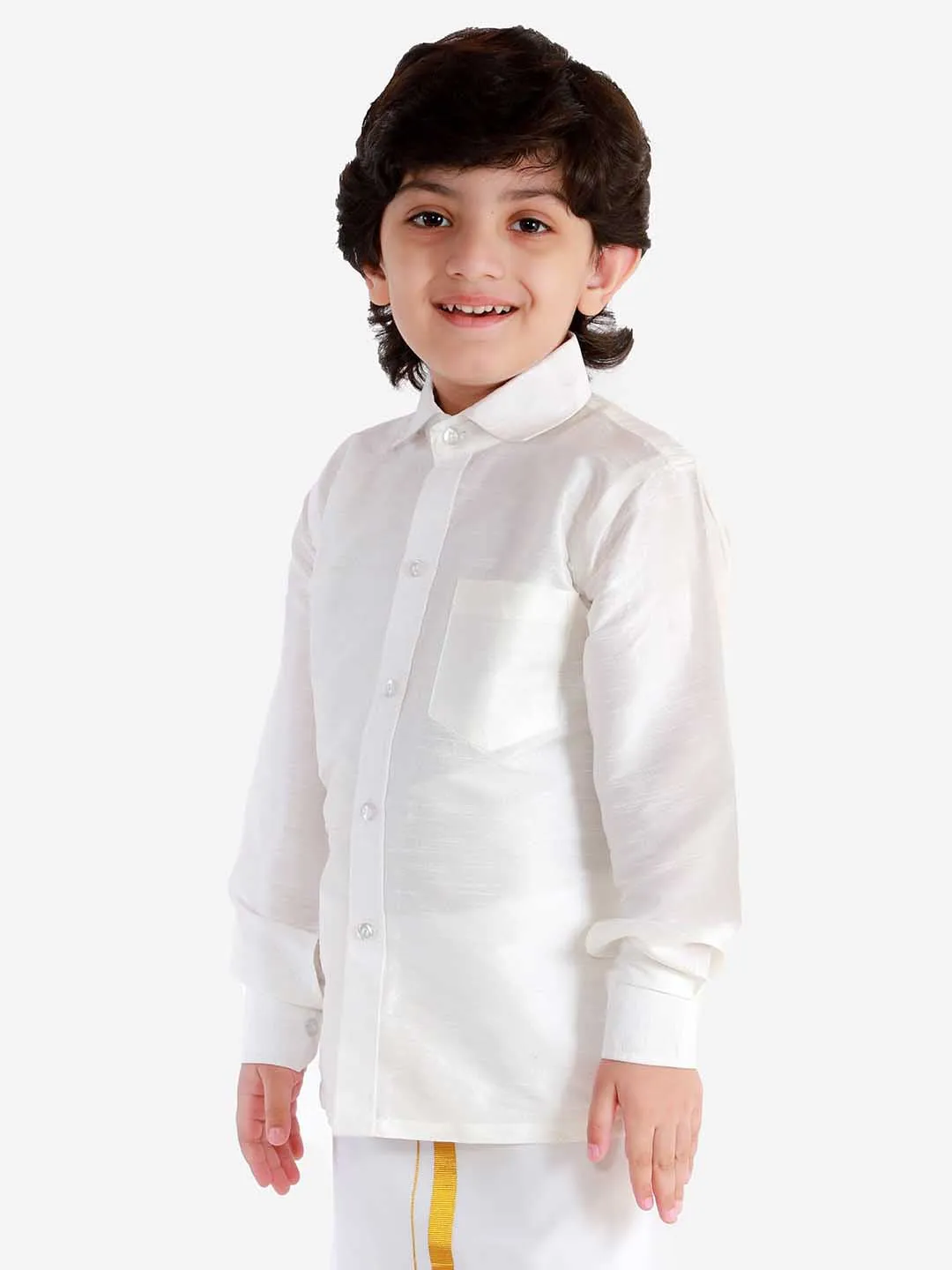 Jashvi Boys' White Silk Long Sleeves Ethnic Shirt