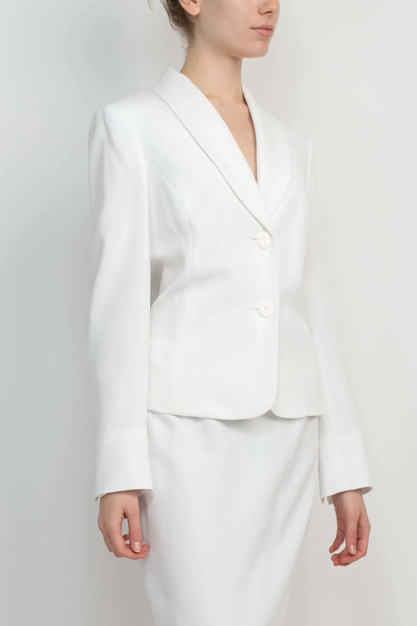 Le Suit Shawl Collar 2 Button Closure Crepe Jacket with Zipper Back Column Skirt  (Two Piece)