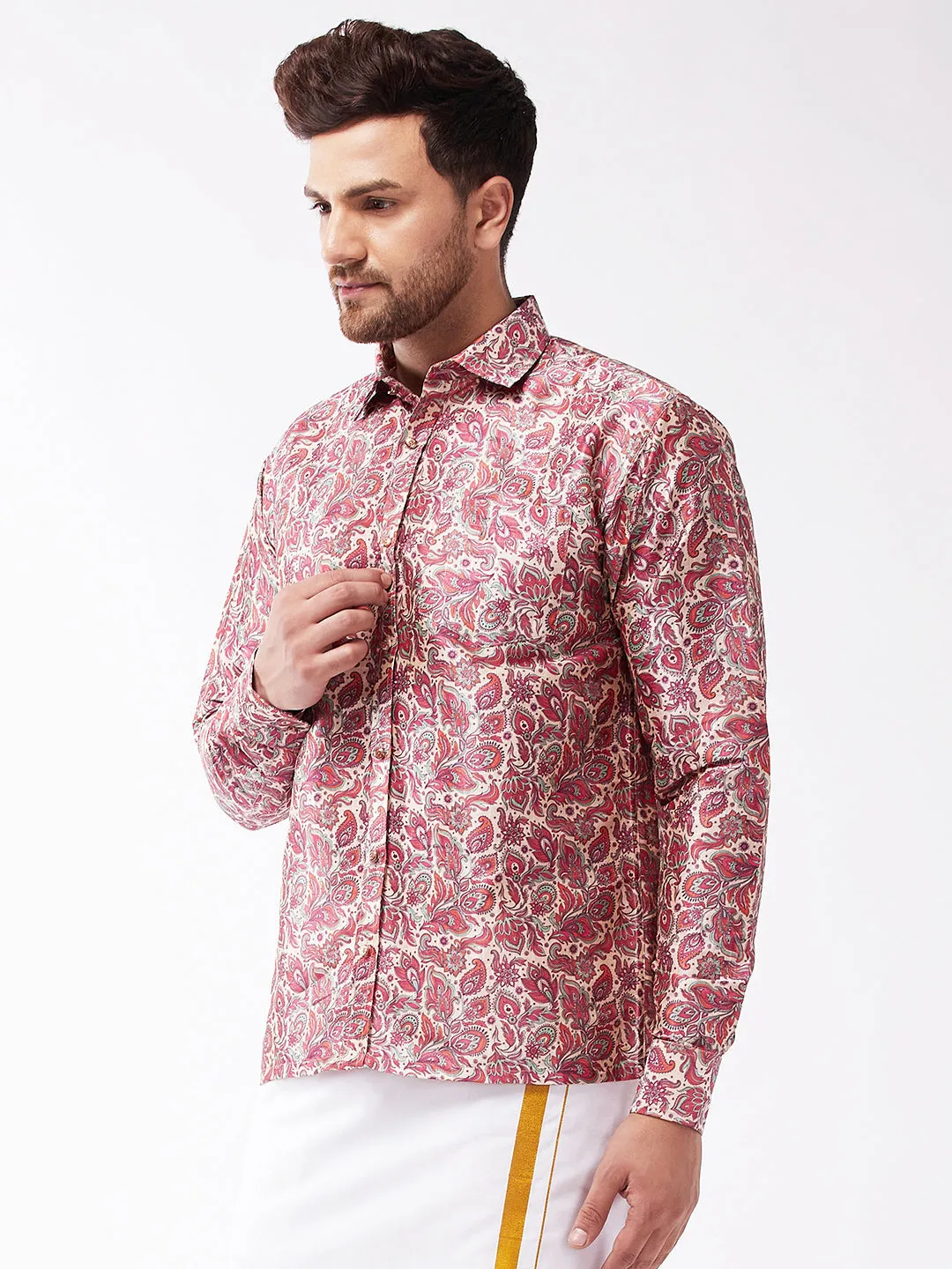 Men's Multicolor-Base-Pink Silk Blend Ethnic Shirt - Vastramay