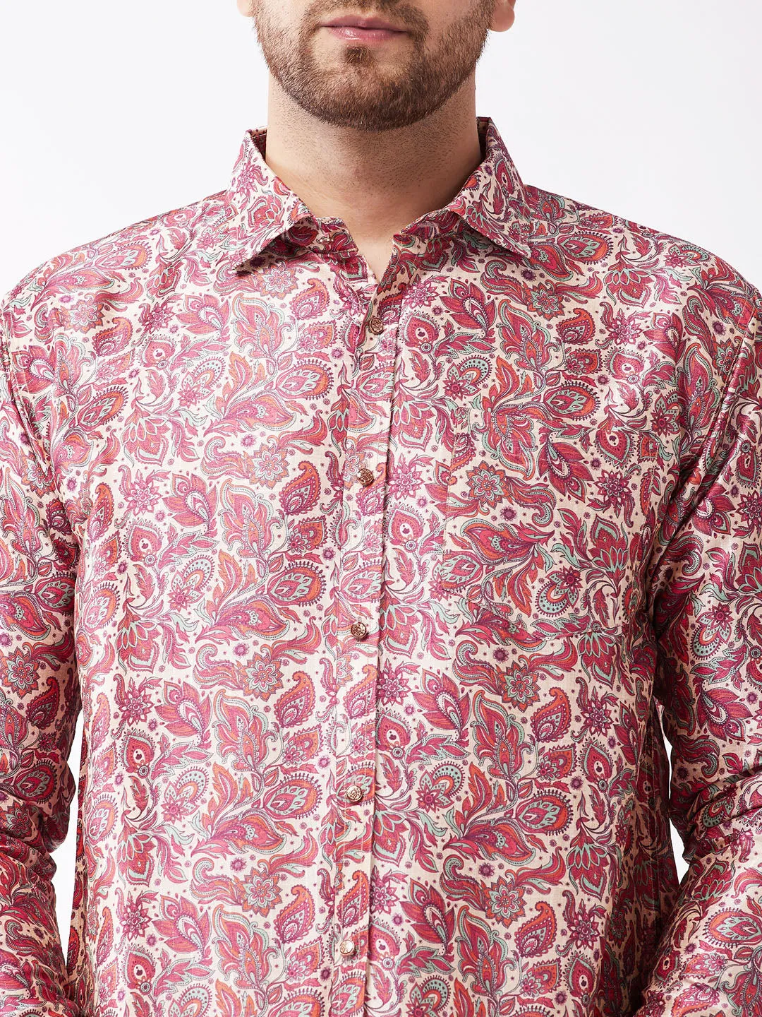 Men's Multicolor-Base-Pink Silk Blend Ethnic Shirt - Vastramay