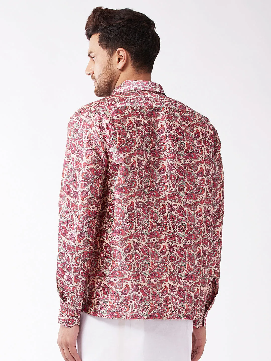 Men's Multicolor-Base-Pink Silk Blend Ethnic Shirt - Vastramay