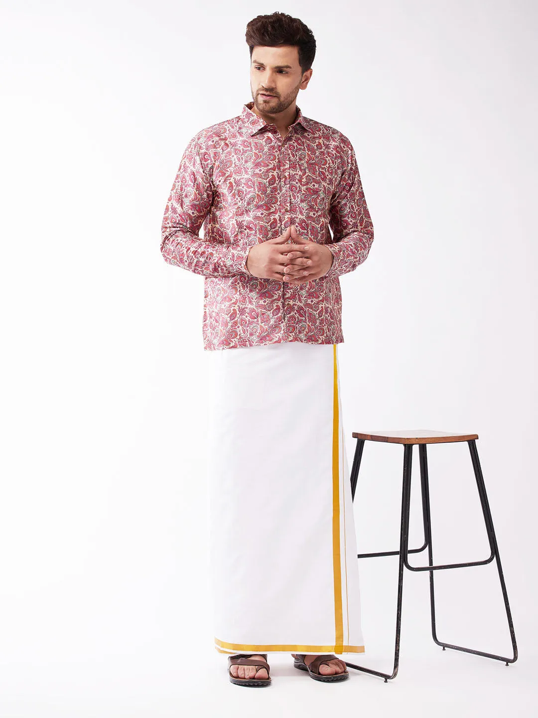 Men's Multicolor-Base-Pink Silk Blend Ethnic Shirt - Vastramay