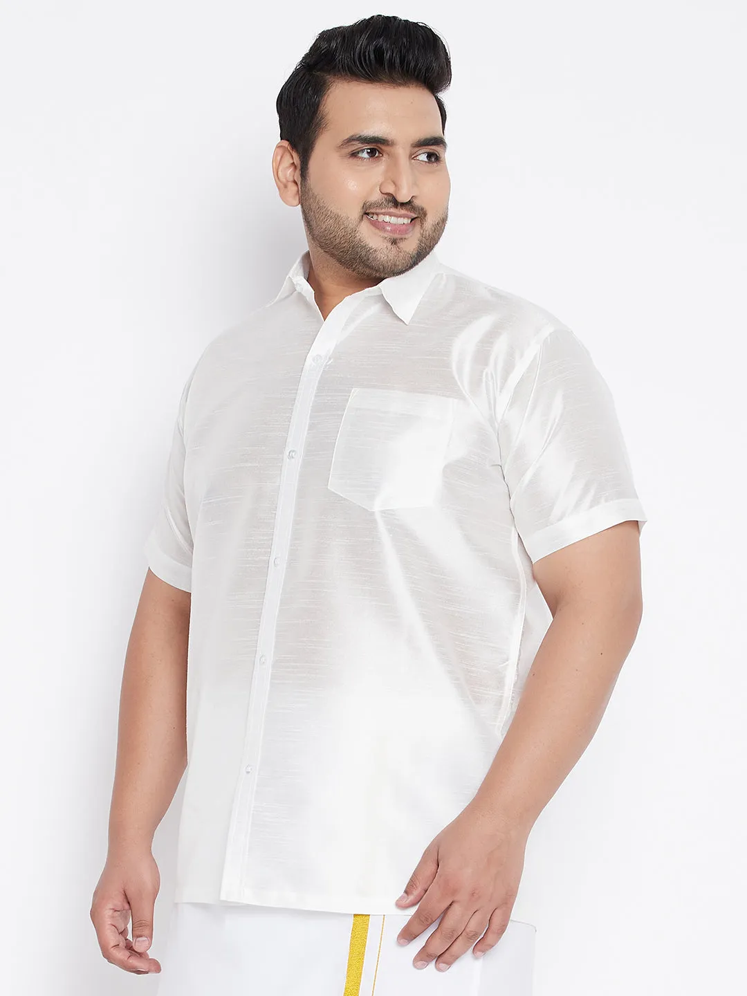 Men's Plus White Silk Blend Ethnic Shirt - Vastramay