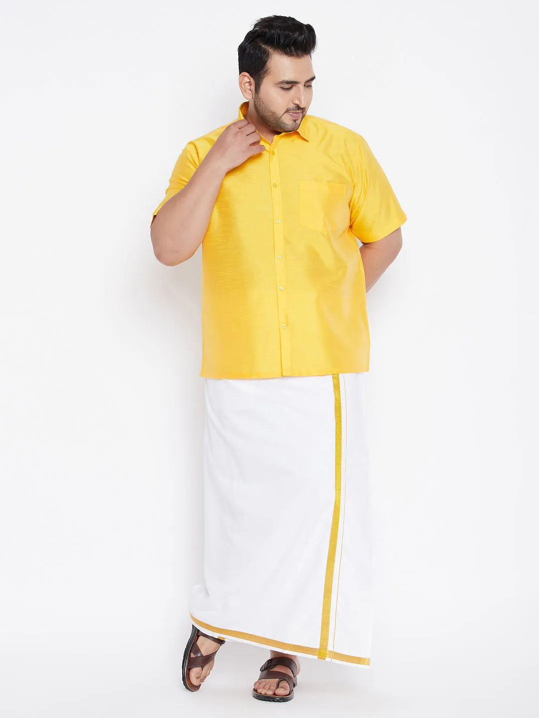 Men's Plus Yellow And White Silk Blend Shirt And Mundu Set - Vastramay