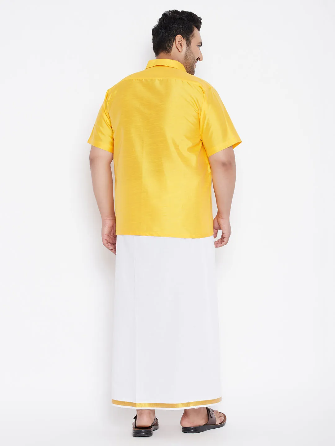 Men's Plus Yellow And White Silk Blend Shirt And Mundu Set - Vastramay