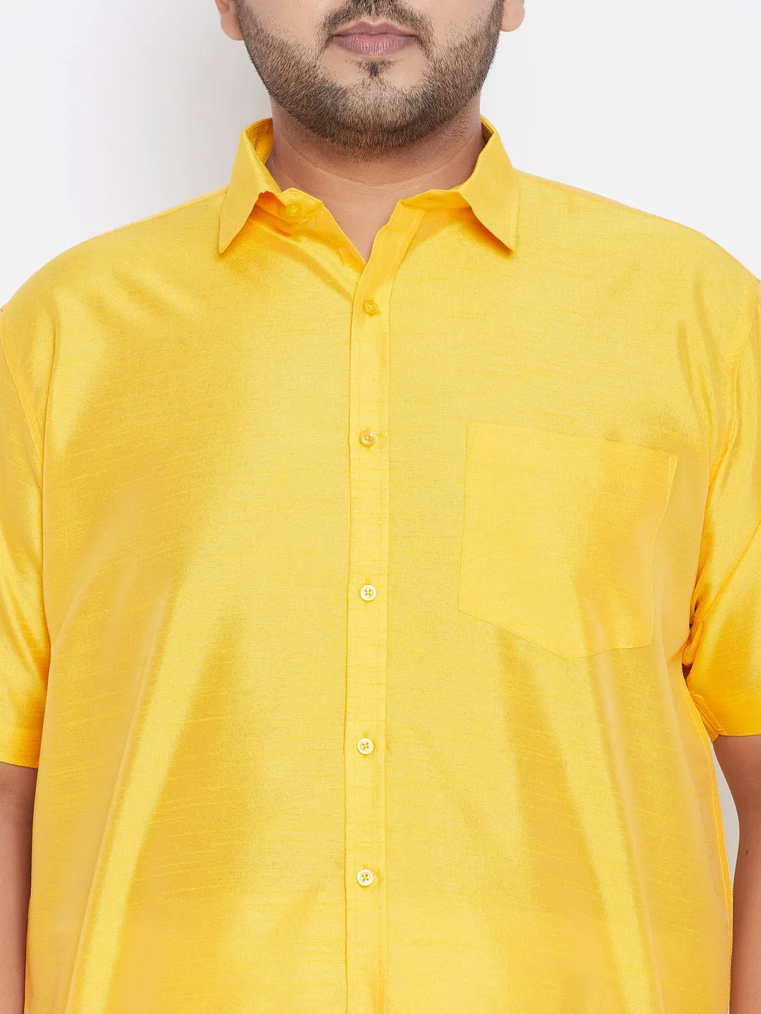 Men's Plus Yellow And White Silk Blend Shirt And Mundu Set - Vastramay