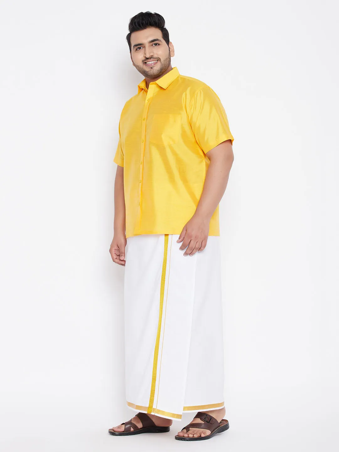 Men's Plus Yellow And White Silk Blend Shirt And Mundu Set - Vastramay